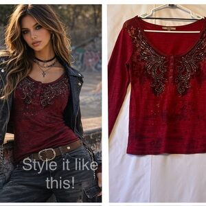 Miss Me Burgundy Embellished Long Sleeve Top Boho Y2K | Skater Grunge